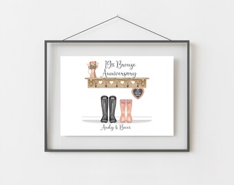 19th Anniversary Gift, 19 Year Bronze Anniversary Personalised Welly Boot Print, Traditional 19th Anniversary Gift,  A4, A5, Digital PDF
