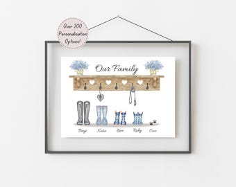 May include: A framed wall art print featuring a wooden shelf with hooks, blue floral arrangements, and various pairs of boots below. The text reads Our Family, with names Benji, Katie, Leon, Ryby, and Coco printed underneath each set of boots.