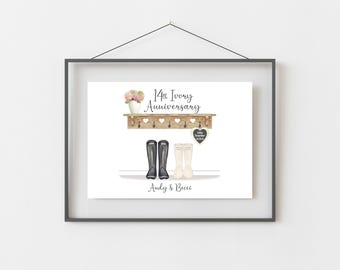 14th Anniversary Gift, Personalised Ivory Wedding Anniversary Print, 14 Year Anniversary Gift, A4, A5, Digital PDF