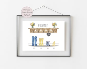 Personalised Family Print – Custom Welly Boot Portrait, Watercolour Family Illustration