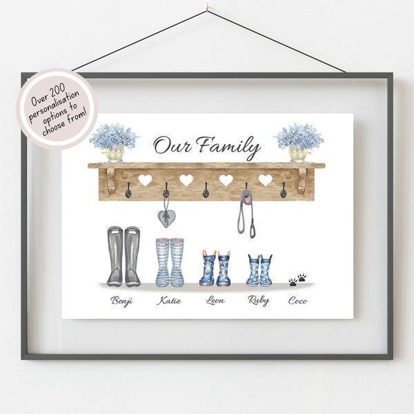 Our Family Print, Personalised Welly Boot Print, Custom Family Illustration,  New Home Gift, Unique Gift For Him, Personalised Portrait