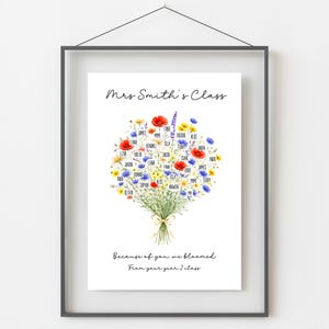 May include: A framed print with a watercolour floral bouquet design. The bouquet is tied with a ribbon and features the text "Mrs Smith's Class." The text below reads "Because of you, we bloomed. From your year 2 class."