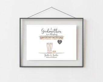 Personalised Godmother Gift Thank You Print, Godmother Proposal Present, Watercolour Illustration A4, A5, Digital PDF