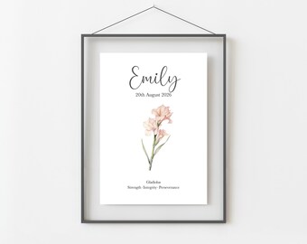 August Birthday Gift, Personalised August Birth Month Flower Print,  Gladiolus or Poppy Wall Art,  A4, A5, PDF