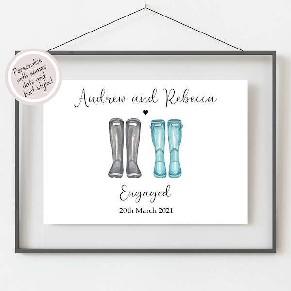 Engagement Gifts For Couple, Personalised Engagement Print, Engagement Present, Keepsake Gift, Couples Gift, Couple Print, Welly Boot Print