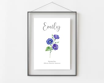September Birthday Gift For Her, Personalised September Birth Month Flower Print,  Morning Glory or Aster Wall Art,  A4, A5, PDF