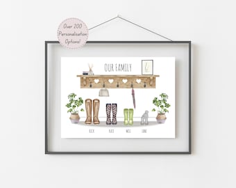 Personalised Family Print, Family Gifts, Family Tree, Welly Print, Custom Family Names Illustration,  New Home Gift, Modern Family Portrait