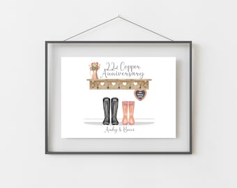 22nd Anniversary Gift, 22 Year Copper Wedding Anniversary Personalised Welly Boot Print,  A4, A5, Digital PDF