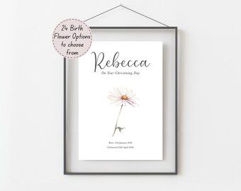 Christening Gifts For Girls | Personalised Birth Flower Art Print | Baptism Gift From Godmother | A4, A5, Digital PDF