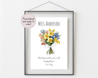 Personalised Teacher Thank You Gift, Floral Bouquet Print, Teaching Assistant Appreciation Present, Class of 2026, A4, A5, Digital PDF