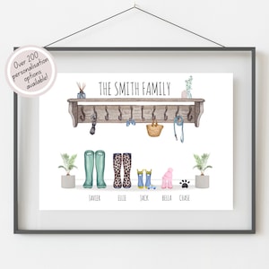 Könnte beinhalten: Eine Aquarell-Illustration eines Holz-Kleiderständers mit Haken, einem Korb und einer Leine. Unter dem Ständer befinden sich fünf Paar Stiefel, ein Hut und ein Pfotenabdruck. Die Namen "The Smith Family" stehen über dem Ständer, und die Namen "Xavier, Ellie, Jack, Bella, Chase" stehen unter den Stiefeln.