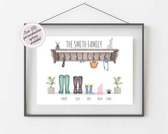 Family Personalised Print, Gift For Family, Birthday Gift For Dad, Grandad, Mum, Welly Print, Family Wellington Boot Print, Custom Portrait