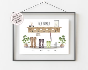 Personalised Family Print, Family Gifts, Family Tree, Welly Print, Custom Family Names Illustration,  New Home Gift, Modern Family Portrait