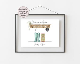 New Home Gift For Couple, First Home Print, Personalised Housewarming Present, Moving In Together, Our New Home Picture, Welly Boot Print