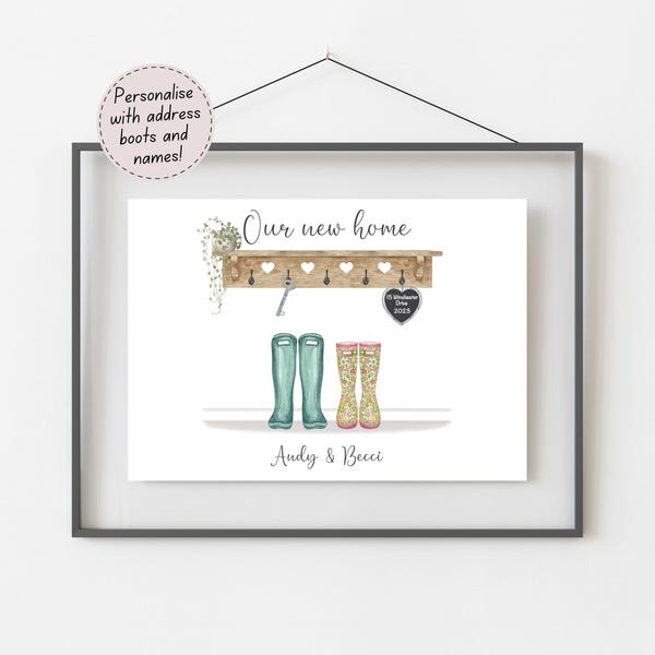 Neues Zuhause Geschenk für Paar, erster Hausdruck, personalisiertes Housewarminggeschenk, zusammen einziehen, unser neues Hauptbild, Gummistiefeldruck