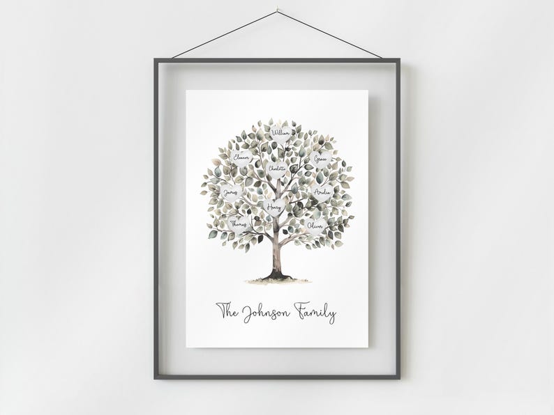 May include: A framed watercolor print of a family tree. The tree has green and gray leaves with names on them. The words "The Johnson Family" are written below the tree in cursive.