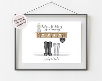 May include: A personalized watercolor illustration of a wooden shelf with two pairs of black rain boots, a small bouquet of white flowers in a gray pot, and a chalkboard heart with the text "14th February 2023". The text "Silver Wedding Anniversary" is written above the shelf. The names "Andy & Katie" are written below the shelf.