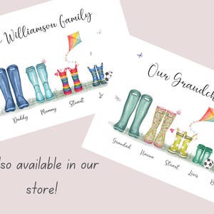 May include: Watercolor art prints featuring personalized family names and wellington boots. One print says "The Williamson Family" with boots labeled "Daddy", "Mummy", and "Stuart". The other says "Our Grandchildren".