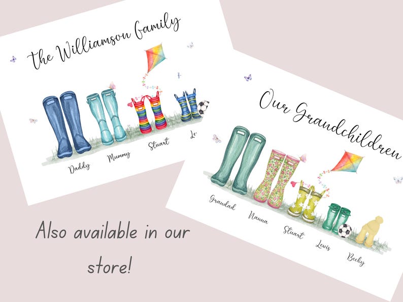 May include: Watercolor art prints featuring personalized family names and wellington boots. One print says "The Williamson Family" with boots labeled "Daddy", "Mummy", and "Stuart". The other says "Our Grandchildren".