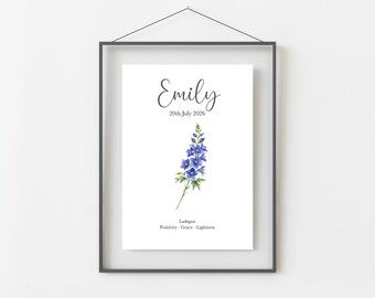July Birthday Gift, Personalised July Birth Month Flower Print, Larkspur or Water Lily Wall Art, A4, A5, PDF