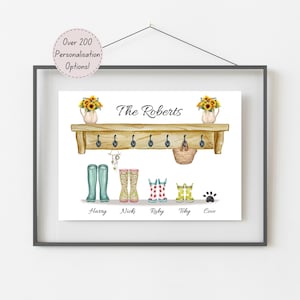 Familienbild, personalisiertes Gummistiefelabdruck, benutzerdefinierte Familienillustration, Geschenk für neues Zuhause, einzigartiges Geschenk für ihn, personalisiertes Porträt mit Haustieren