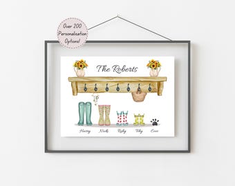 Family Print, Personalised Welly Boot Print, Custom Family Illustration, New Home Gift, Unique Gift For Him, Personalised Portrait With Pets