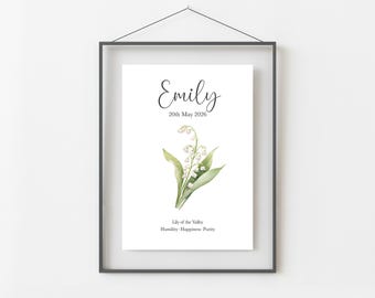 May Birthday Gift, Personalised May Birth Month Flower Print, Lily of the Valley or Hawthorn Wall Art, A4, A5, PDF