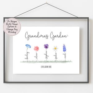 May include: A white framed print with the text "Grandma's Garden" and a watercolor illustration of five flowers with names written below each flower: Bailey, Alice, Sophia, Sadie, and Noah. The text "Love Grows Here" is at the bottom of the print.