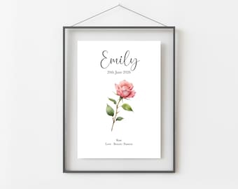 June Birthday Gift, Personalised June Birth Month Flower Print, Rose or Honeysuckle Wall Art, A4, A5, PDF
