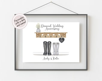 Personalised Diamond Wedding Anniversary Gift, 60th Anniversary Print, Diamond Anniversary Gift For Parents,  Anniversary Gift For Friends