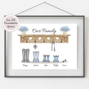 May include: A watercolour illustration of a wooden shelf with hooks and hearts. There are five pairs of boots hanging on the hooks, labelled Benji, Katie, Leon, Ruby, and Coco. The text "Our Family" is written above the shelf.