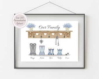 May include: A watercolor illustration of a wooden shelf with hooks and hearts. There are five pairs of boots hanging on the hooks, labeled Benji, Katie, Leon, Ruby, and Coco. The text "Our Family" is written above the shelf.