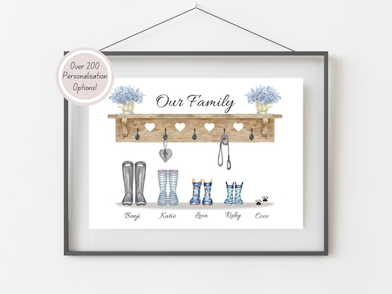 Our Family Print, Personalised Welly Boot Print, Custom Family Illustration, New Home Gift, Unique Gift For Him, Personalised Portrait