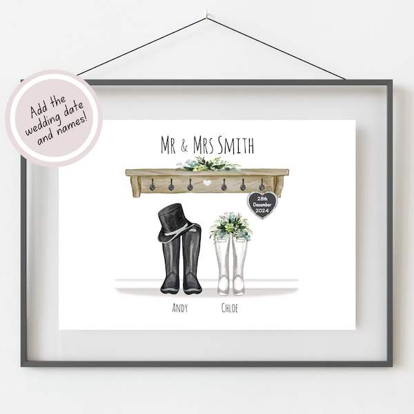 Wedding Gift For Couple, Mr and Mrs Gifts, Wedding Keepsake Gift for Couple, Wedding Present, Personalised Wedding Welly Print, Bride Groom