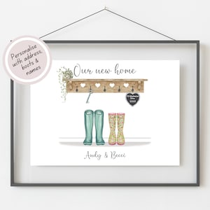 New Home Gift For Couple, First Home Print, Personalised Housewarming Present, Moving In Together, Our New Home Picture, Welly Boot Print