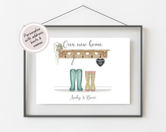 New Home Gift For Couple, First Home Print, Personalised Housewarming Present, Moving In Together, Our New Home Picture, Welly Boot Print
