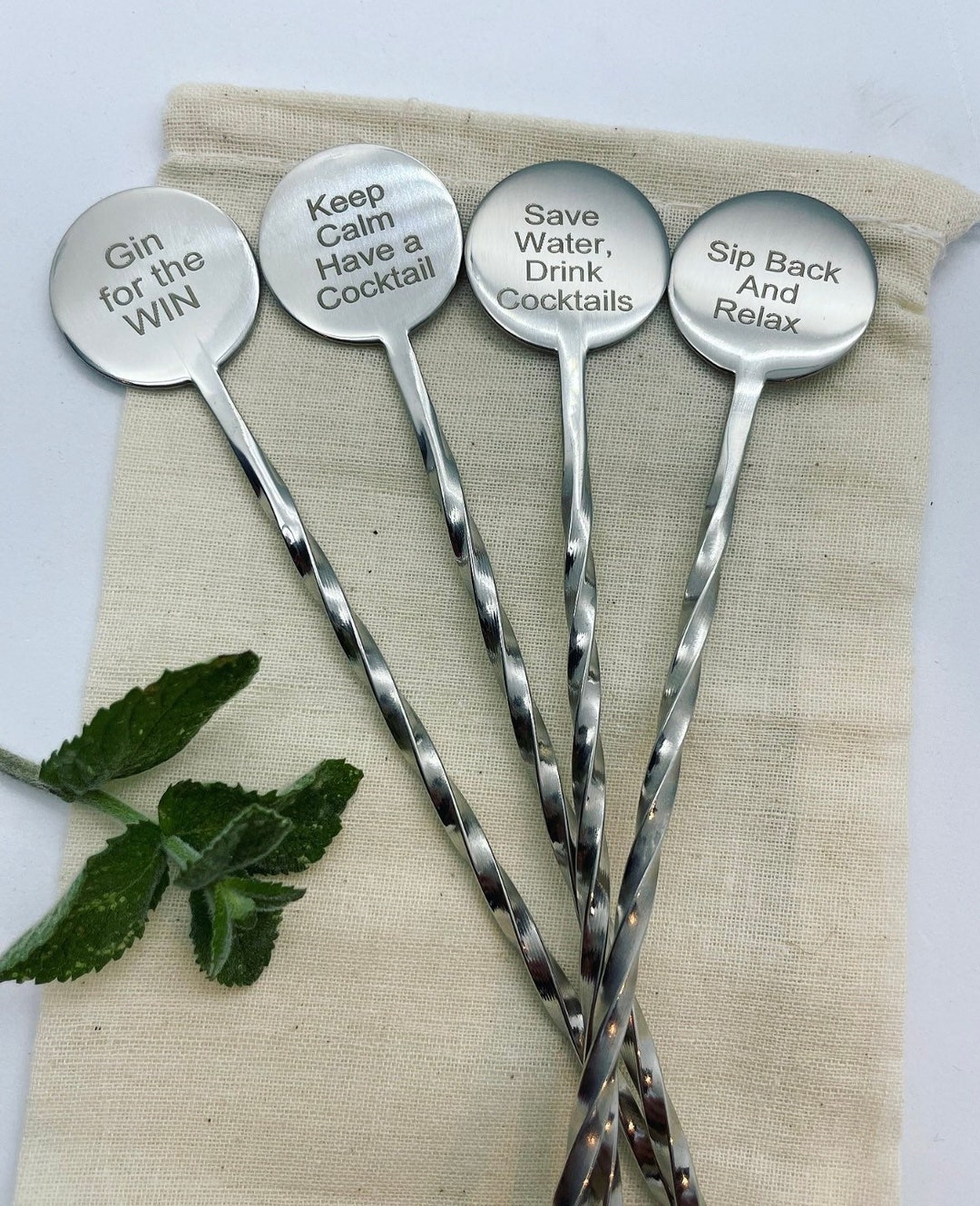PERSONALISED COCKTAIL STIRRER Set of 3 Stainless Steel Mixer Gin Birthday Wedding Anniversary