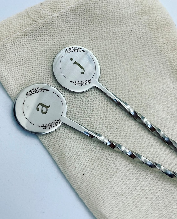 INITIALS COCKTAIL COFFEE Stirrer Set of 2 Stainless Steel Mixer Valentines  Birthday Wedding Anniversary Gift Silver 11 Years 