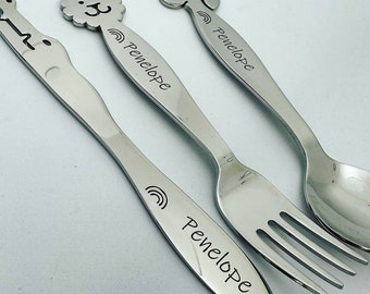 CHILDRENS PERSONALISED SYMBOL Animal Cutlery Set | 1st Birthday |Christening | 1st Christmas | New Baby |Keepsake | Baby shower | Weaning