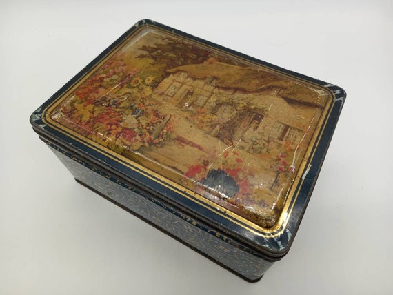 Vintage Biscuit Tin. Large Rustic Box Tin With Picturesque Cottage