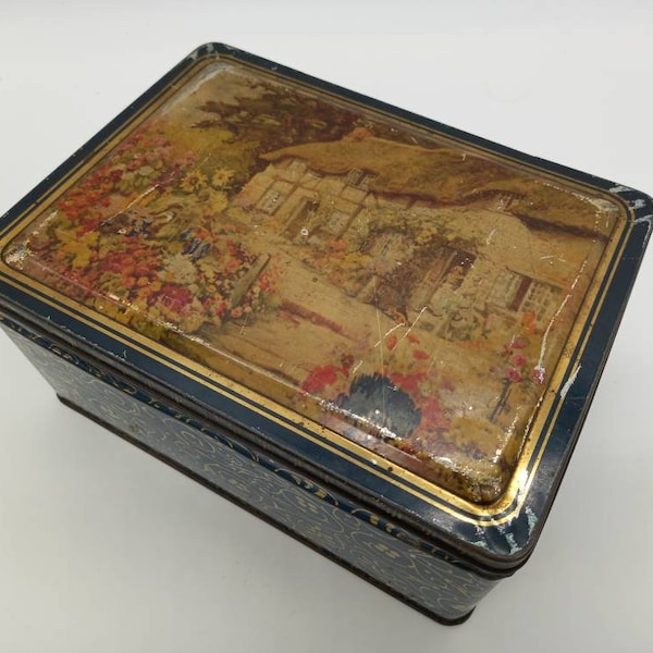 Vintage Biscuit Tin. Large Rustic Box Tin With Picturesque Cottage on Lid.