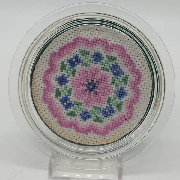 Glass Pin Dish, 11cm Diameter, Sewn Fabric inside.  Vintage Piece.