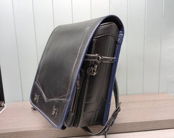 Randoseru Backpack, Black Japanese Backpack with Blue Trim Vintage Pre Owned Randoseru Bag