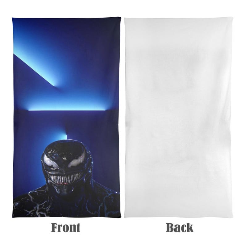 May include: A rectangular beach towel featuring a front design with a blue background and a Venom character graphic. The back of the towel is plain white. The word "Front" and "Back" are printed on the towel.