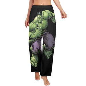 May include: Black pajama pants with a green and purple Hulk graphic print.