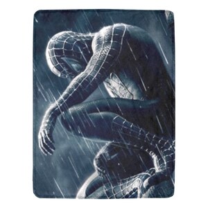 May include: A black and blue superhero character in a crouching pose, with a dark background and rain falling. The character is wearing a black suit with a web pattern.