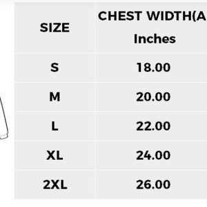 May include: Size chart for a sweatshirt with measurements in inches for chest width and length. Sizes include S, M, L, XL, and 2XL.