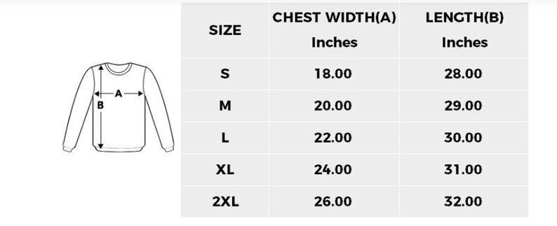 May include: Size chart for a sweatshirt with measurements in inches for chest width and length. Sizes include S, M, L, XL, and 2XL.