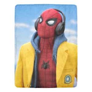 May include: A red and blue superhero wearing a yellow jacket with a blue hoodie underneath. The superhero is wearing headphones and has a spider symbol on their chest.