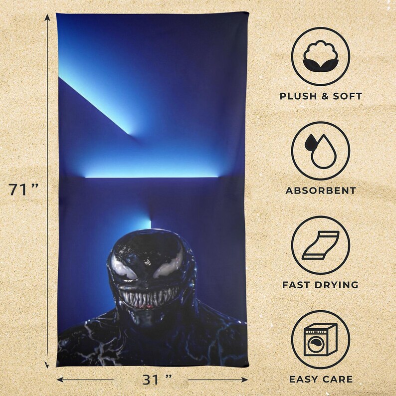 May include: A black and blue beach towel featuring a graphic of Venom. The towel is 71 inches long and 31 inches wide. The towel is plush and soft, absorbent, fast drying, and easy care.